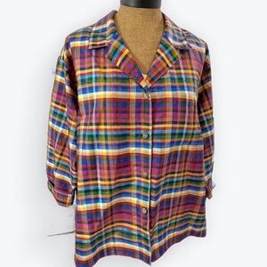 Chico's Design 100% raw silk colorful plaid check Boxy Jacket 3/4 Sleeve, Lg/XL 